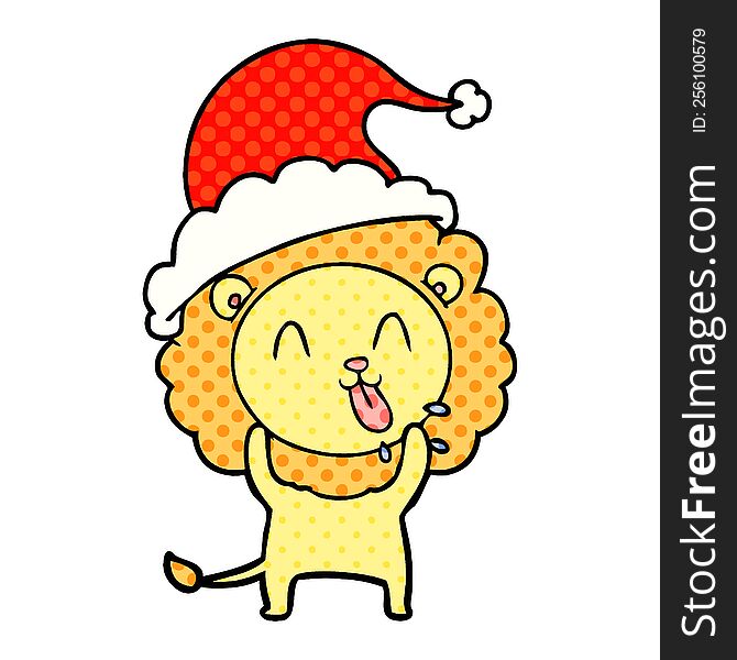 happy hand drawn comic book style illustration of a lion wearing santa hat. happy hand drawn comic book style illustration of a lion wearing santa hat