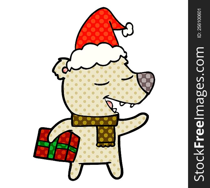 hand drawn comic book style illustration of a bear with present wearing santa hat