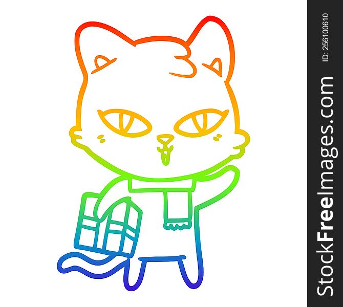 Rainbow Gradient Line Drawing Cartoon Cat With A Present