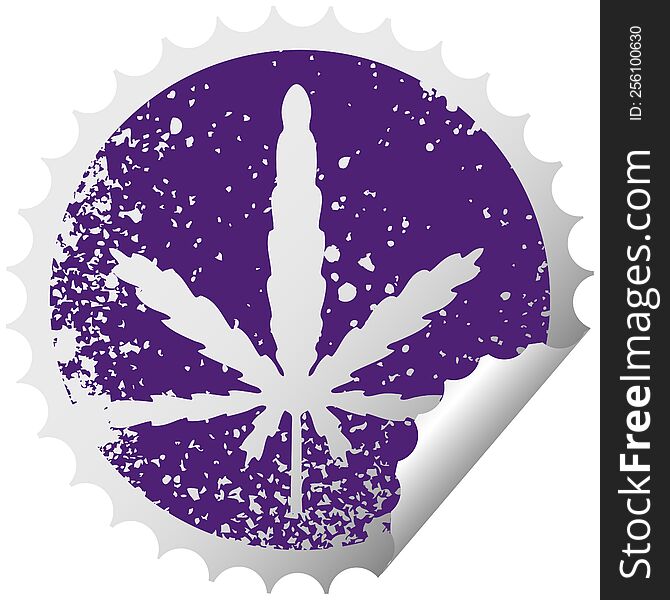 distressed circular peeling sticker quirky symbol marijuana. distressed circular peeling sticker quirky symbol marijuana