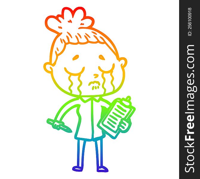rainbow gradient line drawing of a cartoon crying saleswoman