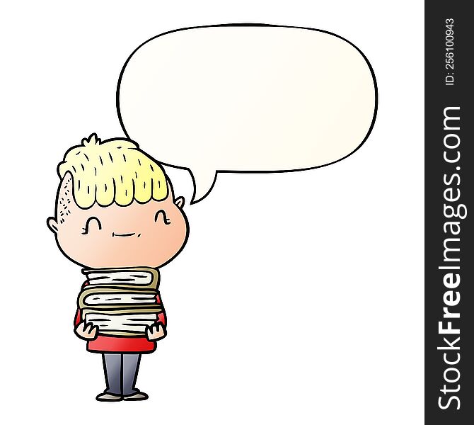 cartoon friendly boy with books with speech bubble in smooth gradient style. cartoon friendly boy with books with speech bubble in smooth gradient style