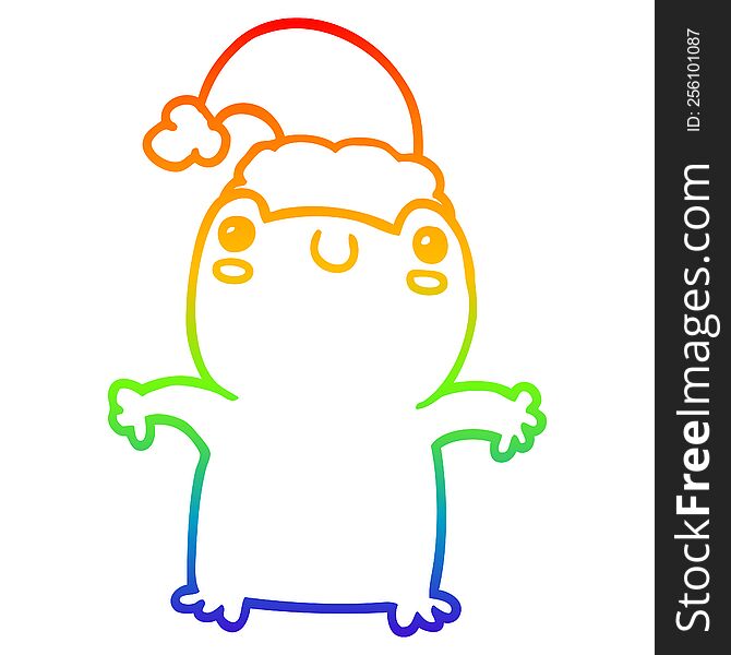 rainbow gradient line drawing of a cute cartoon frog wearing christmas hat