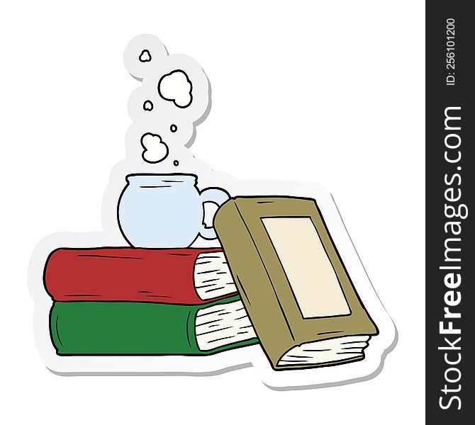sticker of a cartoon coffee cup and study books