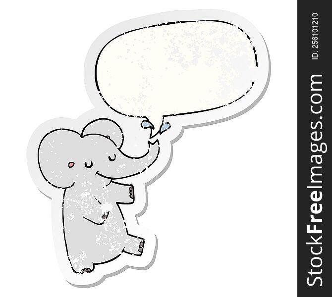 cartoon dancing elephant with speech bubble distressed distressed old sticker. cartoon dancing elephant with speech bubble distressed distressed old sticker