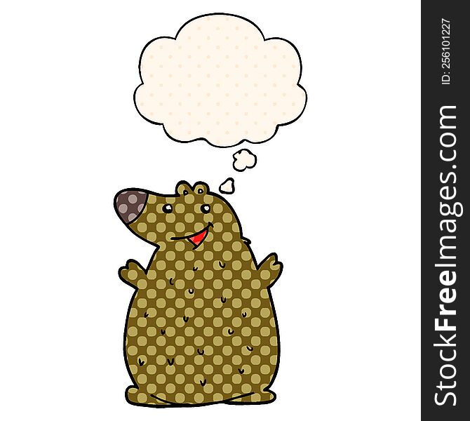 cartoon happy bear with thought bubble in comic book style