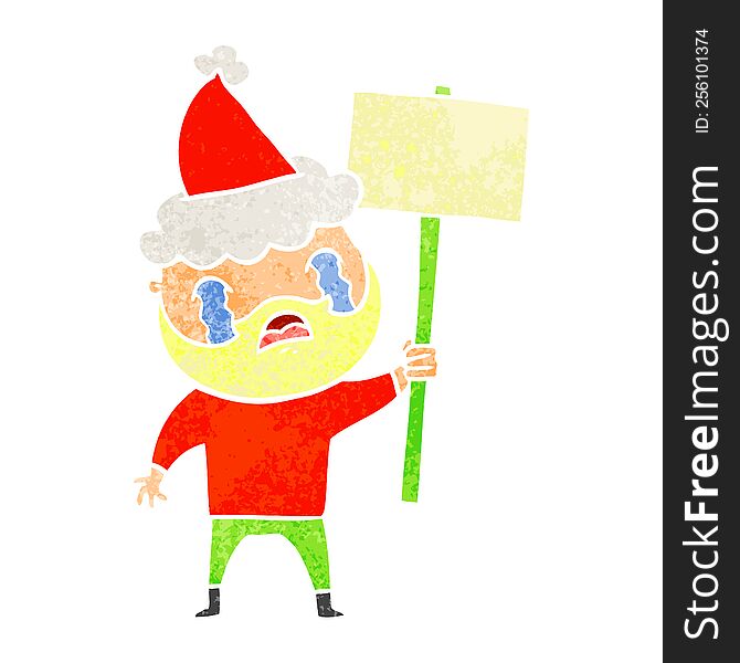 Retro Cartoon Of A Bearded Protester Crying Wearing Santa Hat