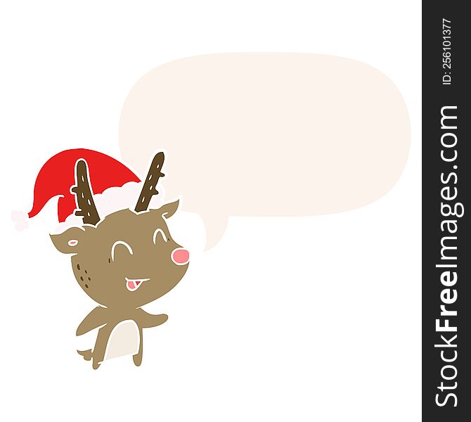 cartoon christmas reindeer with speech bubble in retro style