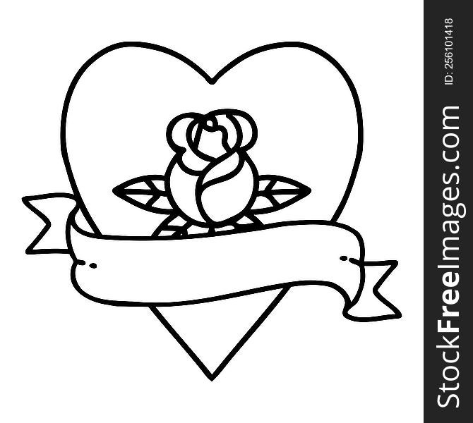 tattoo in black line style of a heart rose and banner. tattoo in black line style of a heart rose and banner