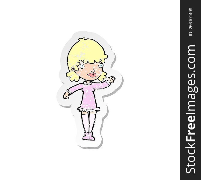 Retro Distressed Sticker Of A Cartoon Woman Waving