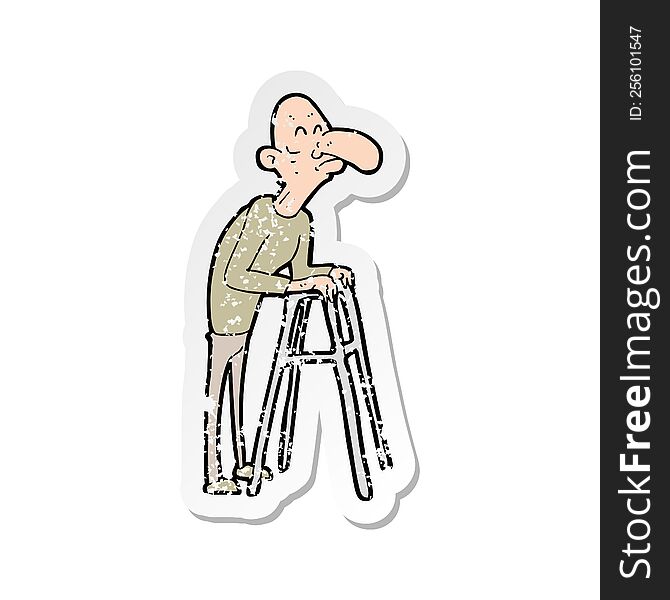 Retro Distressed Sticker Of A Cartoon Old Man With Walking Frame