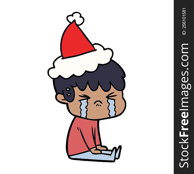 hand drawn line drawing of a boy crying wearing santa hat