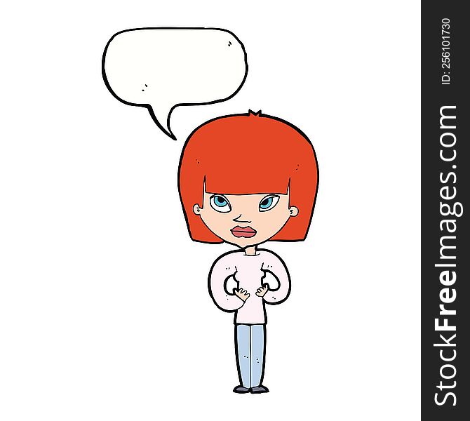 cartoon woman gesturing at herself with speech bubble