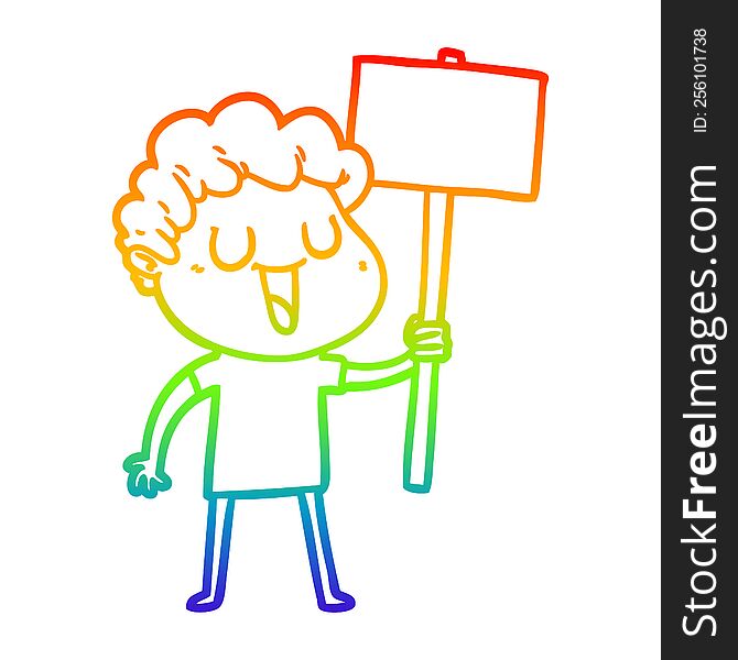 rainbow gradient line drawing of a laughing cartoon man with black signpost