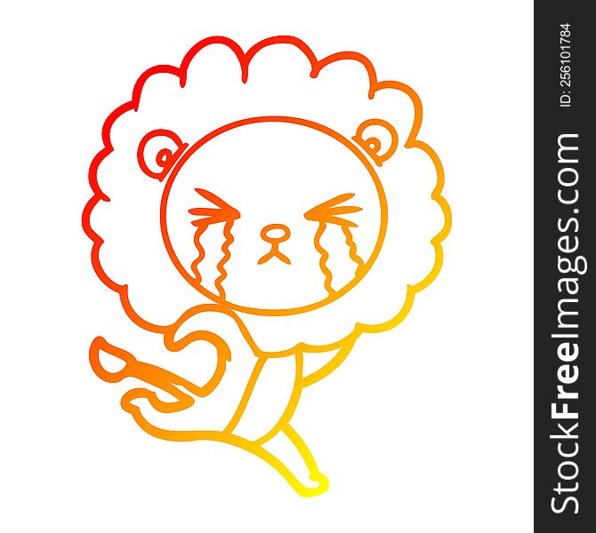 warm gradient line drawing of a cartoon crying lion running away