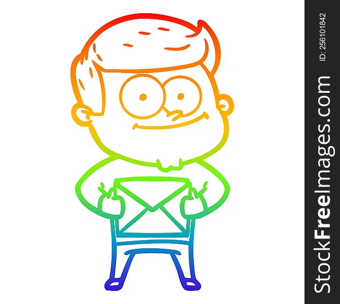 Rainbow Gradient Line Drawing Cartoon Happy Man Holding Letter