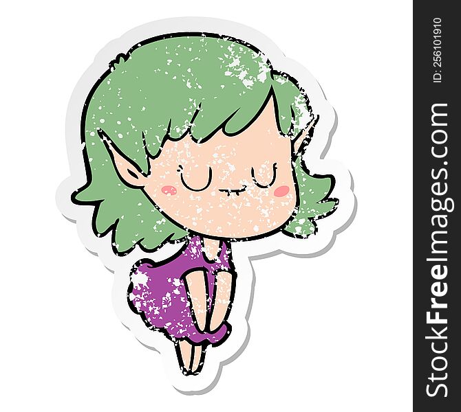 distressed sticker of a happy cartoon elf girl wearing dress