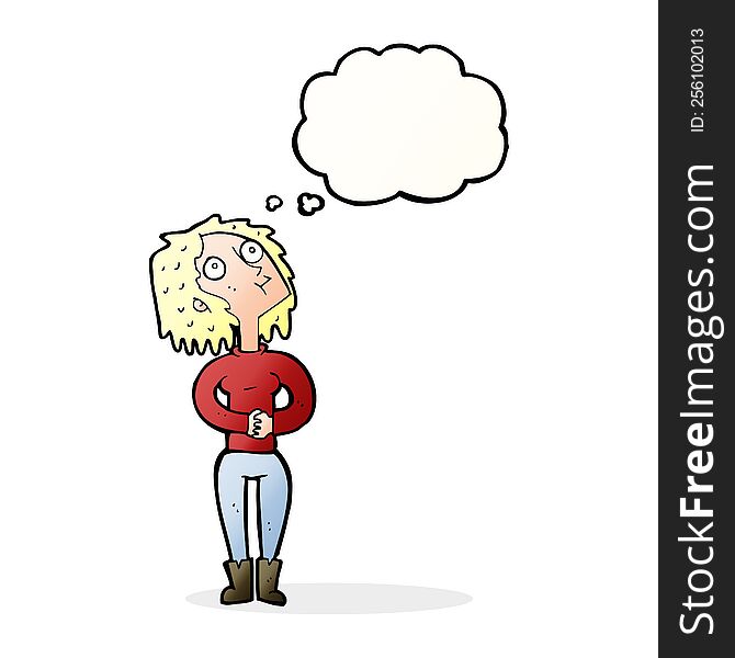 cartoon woman looking upwards with thought bubble
