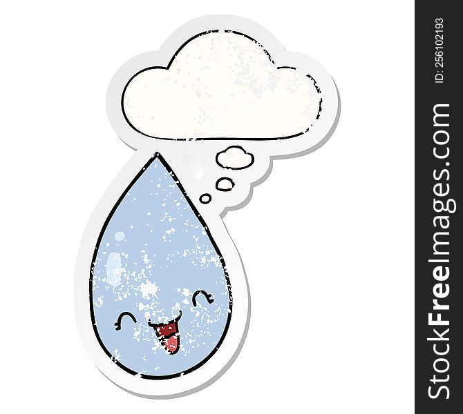 Cartoon Raindrop And Thought Bubble As A Distressed Worn Sticker