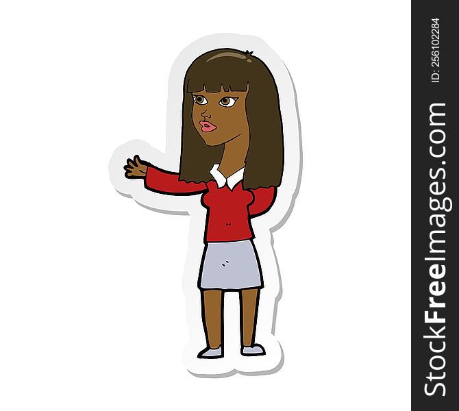 sticker of a cartoon woman gesturing to show something