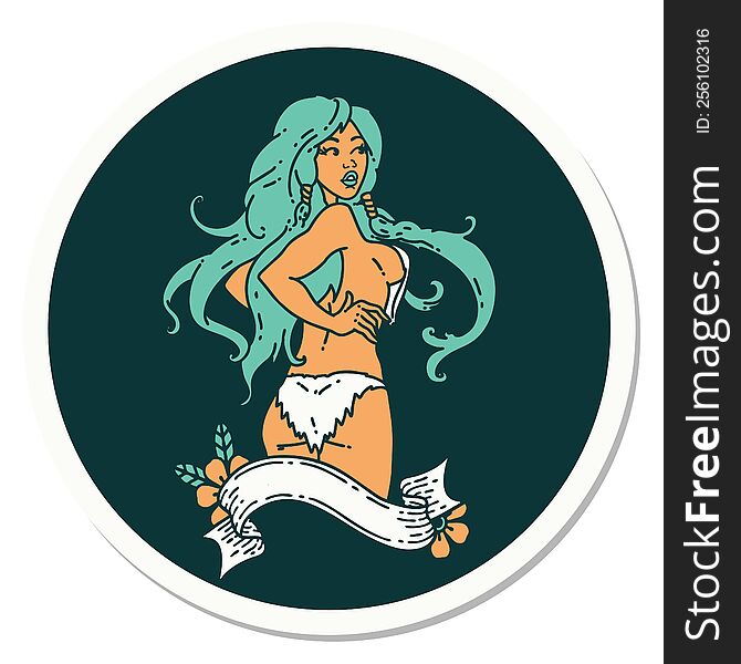Tattoo Style Sticker Of A Pinup Viking Girl With Banner