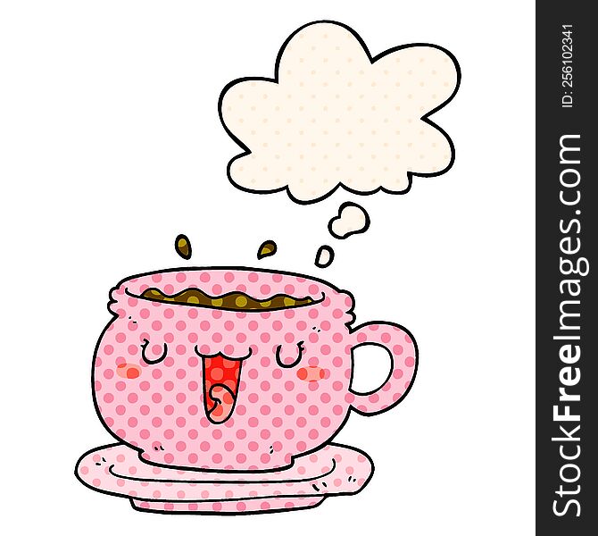 cute cartoon cup and saucer with thought bubble in comic book style