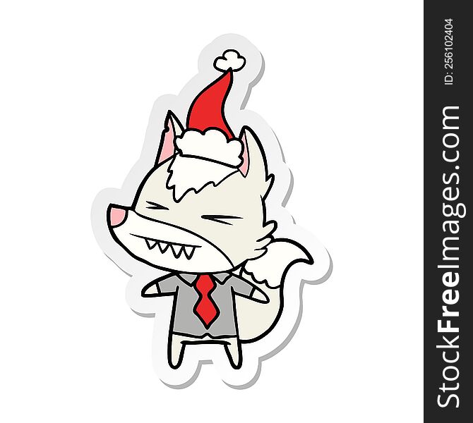 angry wolf boss hand drawn sticker cartoon of a wearing santa hat. angry wolf boss hand drawn sticker cartoon of a wearing santa hat