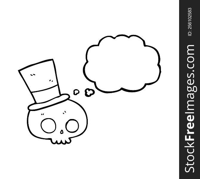 freehand drawn thought bubble cartoon skull wearing top hat