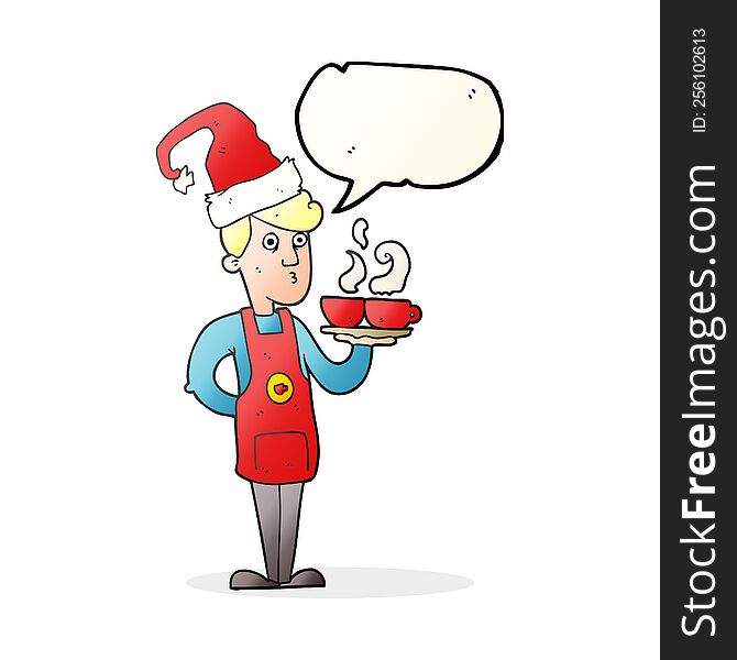 freehand drawn speech bubble cartoon barista serving coffee at christmas
