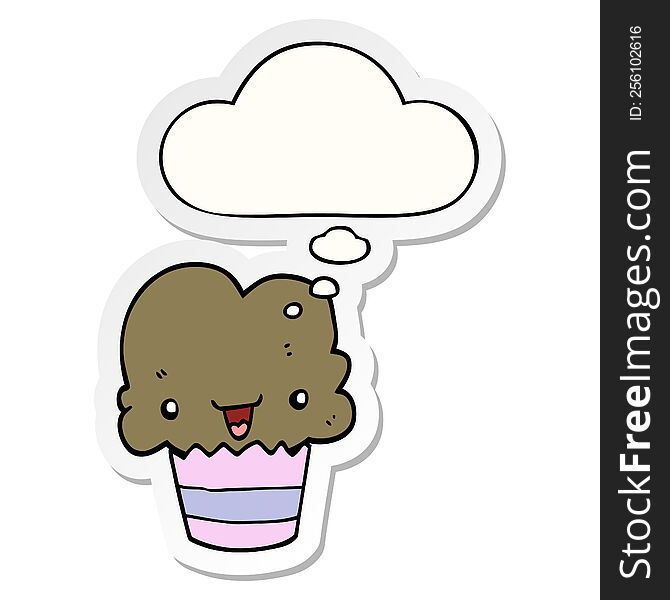 Cartoon Cupcake With Face And Thought Bubble As A Printed Sticker