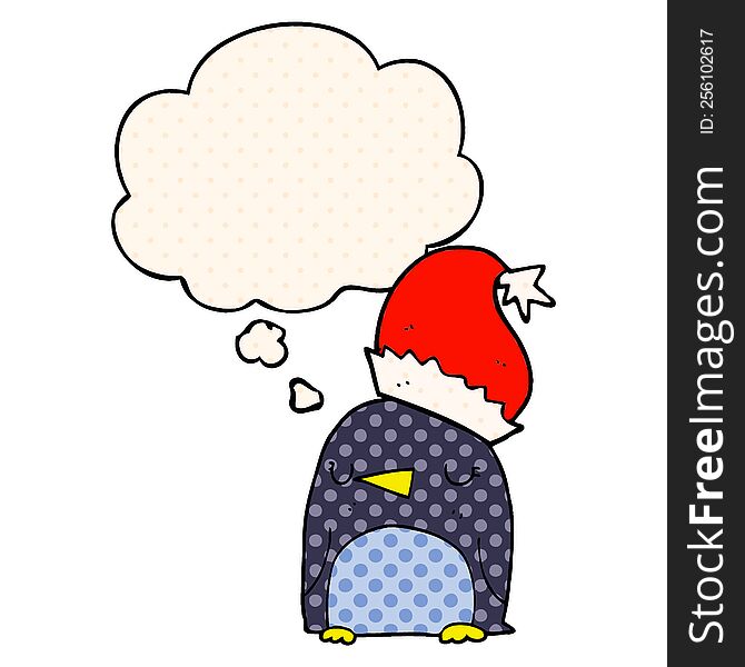 Cute Christmas Penguin And Thought Bubble In Comic Book Style