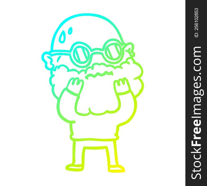 cold gradient line drawing of a cartoon worried man with beard and spectacles