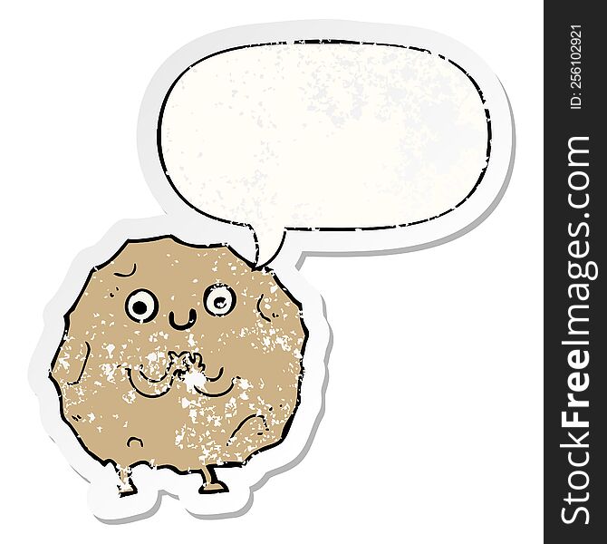 cartoon rock character with speech bubble distressed distressed old sticker. cartoon rock character with speech bubble distressed distressed old sticker