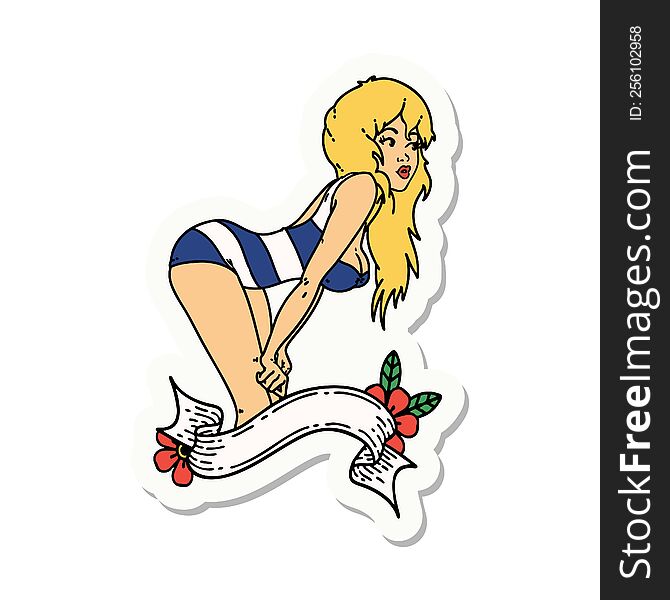 sticker of tattoo in traditional style of a pinup girl in swimming costume with banner. sticker of tattoo in traditional style of a pinup girl in swimming costume with banner