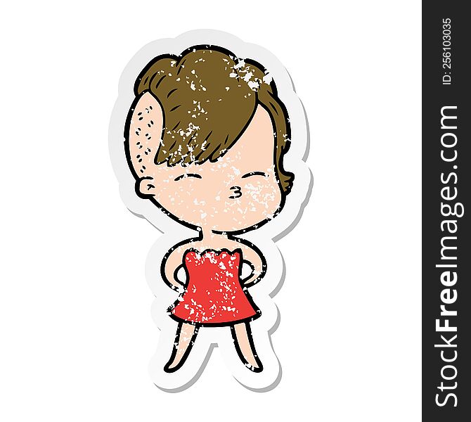 Distressed Sticker Of A Cartoon Squinting Girl In Dress