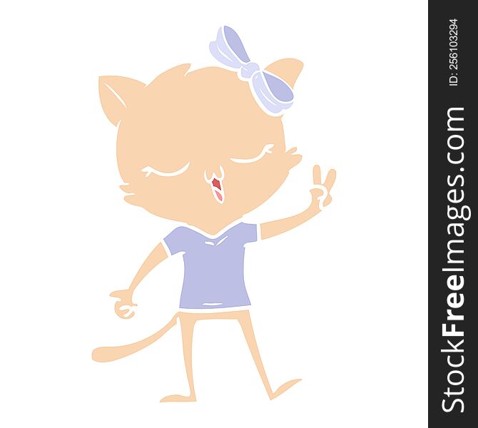 flat color style cartoon cat with bow on head giving peace sign