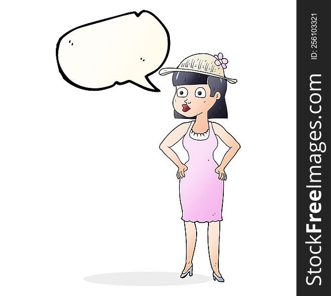 freehand drawn speech bubble cartoon woman wearing sun hat