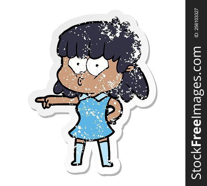 Distressed Sticker Of A Cartoon Whistling Girl Pointing