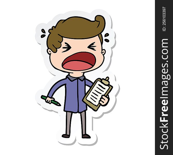 sticker of a cartoon shouting salesman