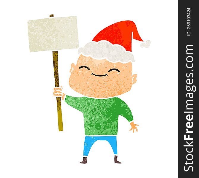 Happy Retro Cartoon Of A Bald Man Wearing Santa Hat