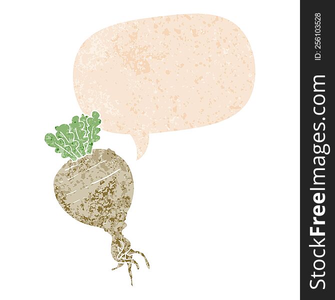 Cartoon Root Vegetable And Speech Bubble In Retro Textured Style