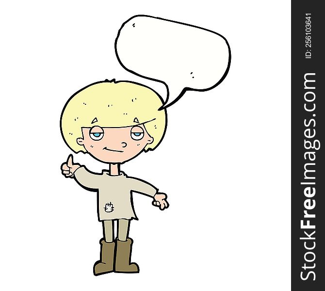 cartoon boy in poor clothing giving thumbs up symbol with speech bubble