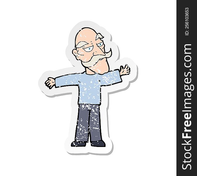 retro distressed sticker of a cartoon old man spreading arms wide