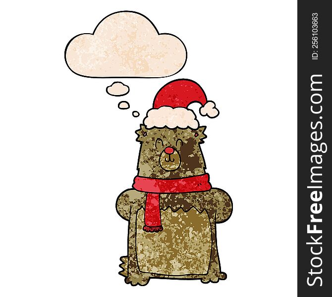 Cartoon Bear Wearing Christmas Hat And Thought Bubble In Grunge Texture Pattern Style
