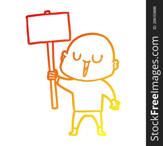 warm gradient line drawing of a happy cartoon bald man with sign