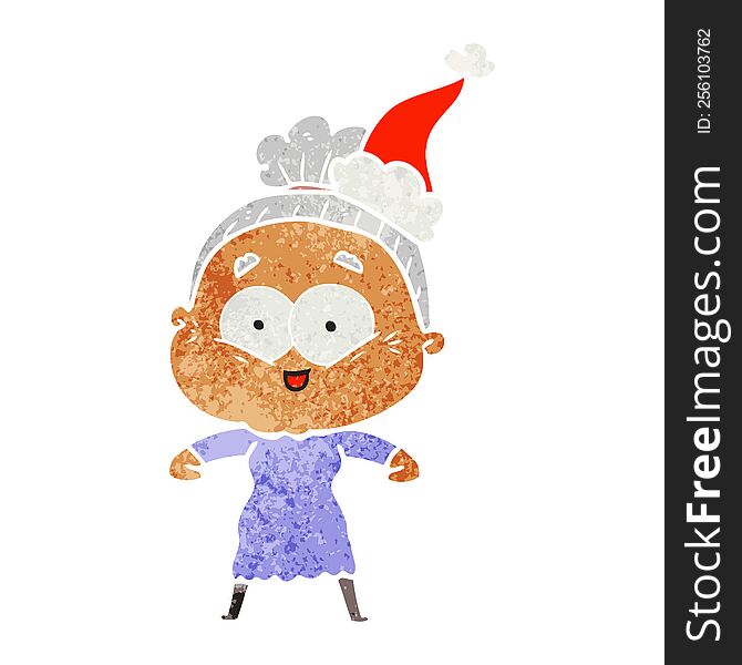 hand drawn retro cartoon of a happy old woman wearing santa hat