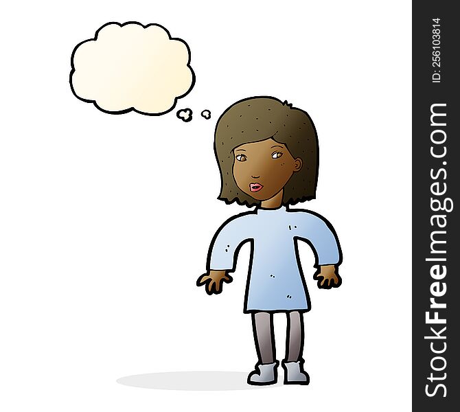 cartoon cautious woman with thought bubble