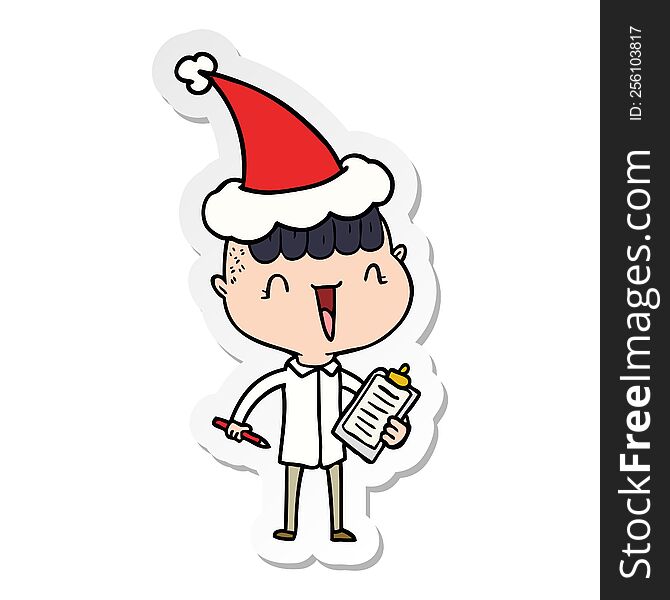 hand drawn sticker cartoon of a happy boy surprised wearing santa hat