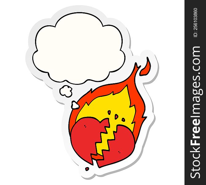 cartoon flaming heart and thought bubble as a printed sticker