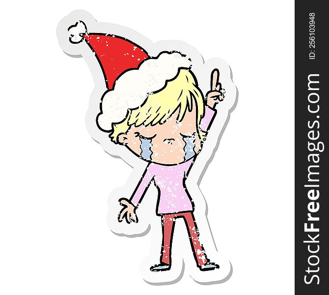 Distressed Sticker Cartoon Of A Woman Crying Wearing Santa Hat